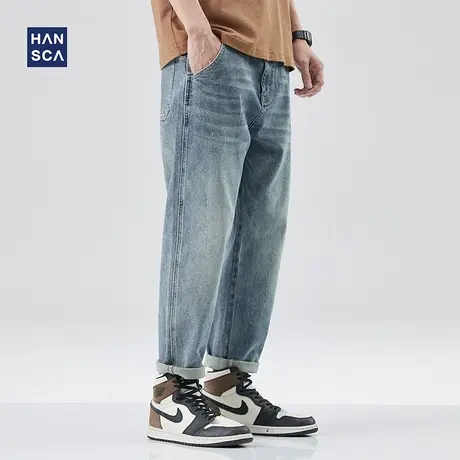 hansca破洞牛仔裤男美式复古春秋季新款潮牌宽松直筒弹力阔腿裤子商品大图