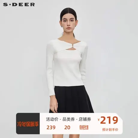sdeer圣迪奥女装优雅V领拼接碎褶修身针织衫S23463515图片