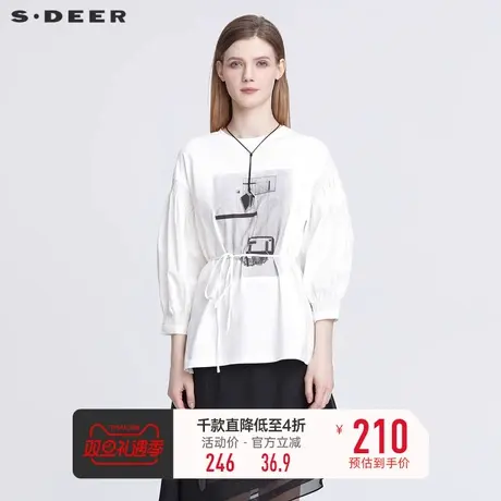 sdeer圣迪奥女装休闲圆领撞色印花收腰长袖T恤S22180206图片