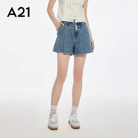 A21女装浅中蓝宽松显瘦牛仔裤2025夏季新款设计感百褶短裤阔腿裤图片