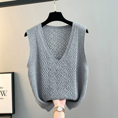 春季纯色针织马甲女宽松叠穿坎肩V领钩花镂空无袖毛衣背心马夹潮商品大图