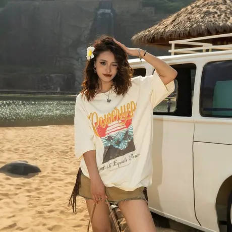 YEP落日复古印花短袖t恤女2025新款夏季爆款纯棉半袖宽松情侣上衣图片