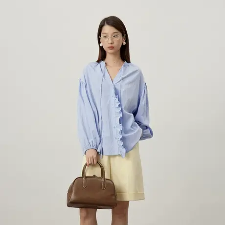 omont蛋挞家 复古V领荷叶边长袖衬衫2025春季小众设计感宽松衬衣商品大图