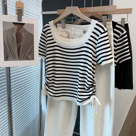 冰丝u领条纹针织衫女2025春夏新款抽绳外穿上衣薄洋气短袖t恤衫潮商品大图