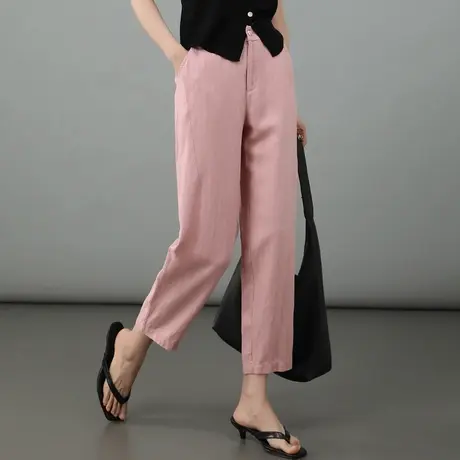 粉色天丝亚麻裤子女夏季薄款宽松显瘦八分休闲裤冰丝哈伦裤九分裤图片