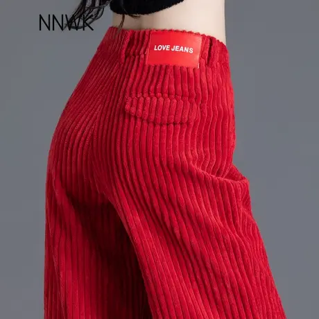 安可拉红色灯芯绒阔腿裤女2025春秋新款雪尼尔条绒直筒裤休闲长裤商品大图