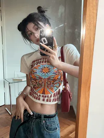 设计感小众正肩纯棉短袖T恤女夏美式辣妹短款修身百搭体恤上衣服商品大图