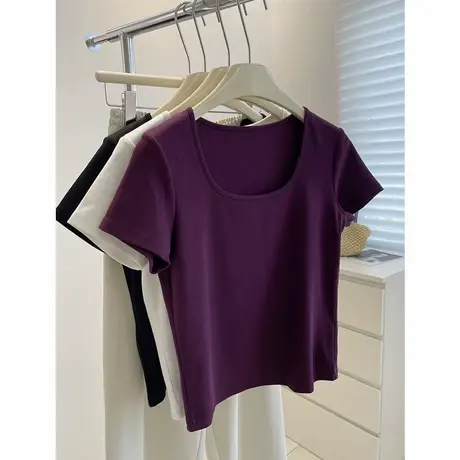 显白茄紫色短袖tee！夏季法式方领气质显瘦小个子纯色棉质T恤衫女商品大图
