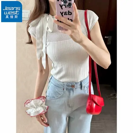 NR真维斯女装蝴蝶结系带针织衫无袖t恤夏季新款镂空修身短款上衣图片