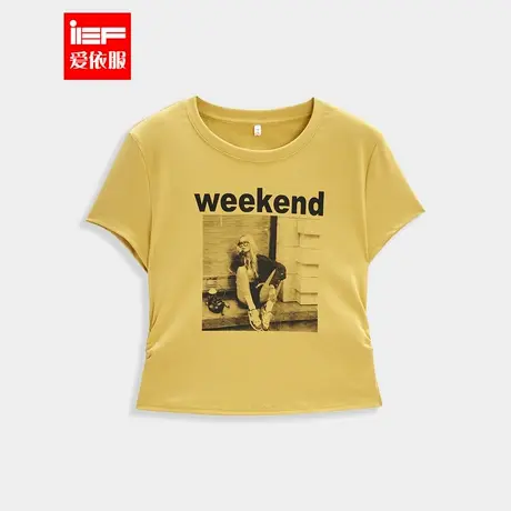 IEF/爱依服短袖上衣2025夏季新款美式休闲通勤气质正肩百搭T恤女图片