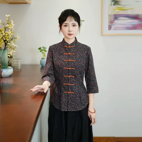 筠雅秋季新款中国风唐装上衣女修身显瘦复古新中式盘扣女装24J231商品大图