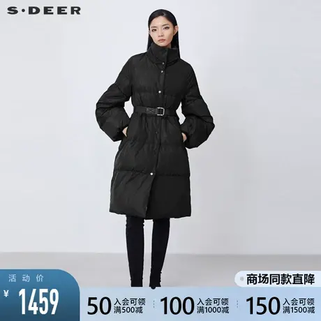 sdeer圣迪奥2021秋冬新品高领收腰灯笼袖长款黑色羽绒服S21482419商品大图