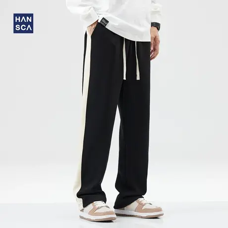 hansca重磅加绒休闲裤男秋冬款潮牌条纹宽松保暖黑色直筒拖地裤子图片