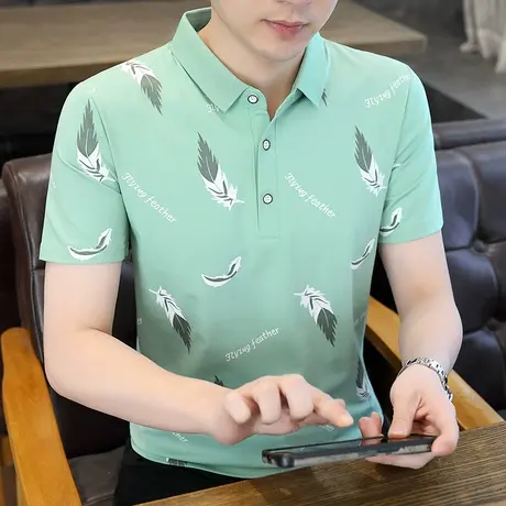 翻领polo衫男士短袖t恤潮牌新款印花夏季商务休闲青年有领上衣服图片