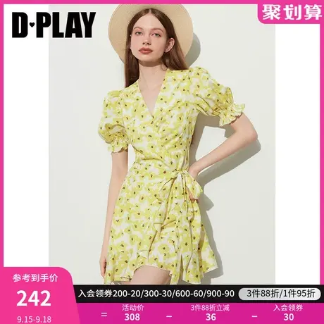 DPLAY2023夏新ins度假仲夏黄调雏菊交叠系带显瘦印花连衣裙短裙图片