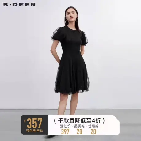 sdeer圣迪奥裙子女夏季圆领亮片网纱拼接黑色连衣裙S222Z12F4💴商品大图