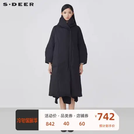 sdeer圣迪奥女装休闲高领连帽拼接长款黑色羽绒服S21482435📡商品大图