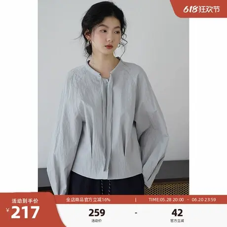 嘉茱莉2025春季新款蝴蝶结领衬衫外套女小个子短款上衣休闲衬衣商品大图