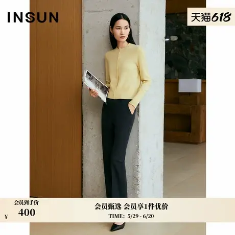 INSUN恩裳专选秋季立体褶裥长裤黑色直筒裤商品大图