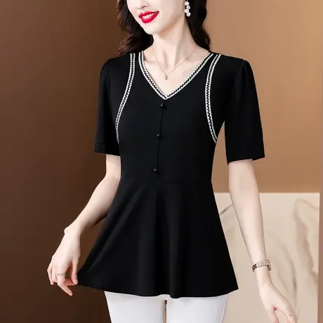 时尚气质短袖t恤女夏装大码胖mm收腰显瘦设计感小众百搭女上衣商品大图