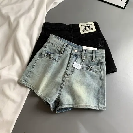 甜辣风高腰阔脚牛仔短裤女2025春装新款美式辣妹显瘦A字百搭热裤图片