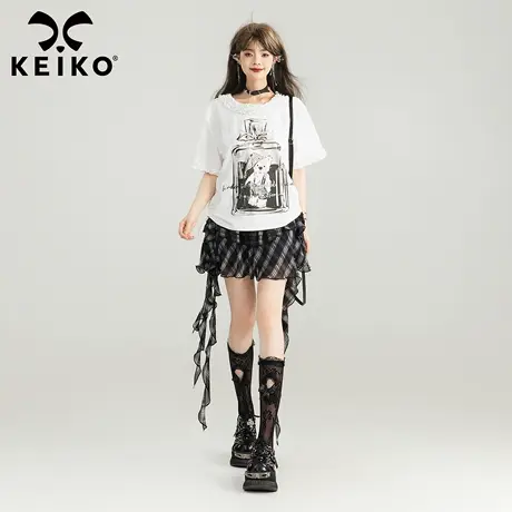 KEIKO 褶花木耳边印花短袖t恤女夏季设计感抽绳收腰薄款圆领上衣图片