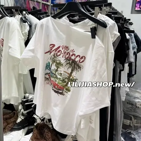 韩国东大门2025夏季新款韩版百搭宽松显瘦海岛印花斜肩短袖T恤女商品大图