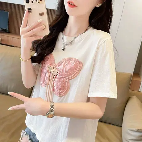 设计感小众新中式中国风短袖t恤女夏季韩版宽松大码蝴蝶结上衣服商品大图