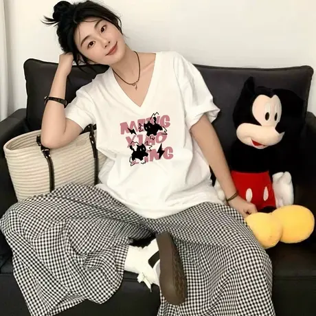 大码V领正肩女t恤2025超好看的短袖欧货潮牌独特漂亮初夏上衣ins商品大图