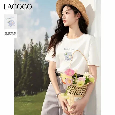 LAGOGO简约印花圆领T恤女拉谷谷2025夏新款宽松通勤百搭白色短袖商品大图
