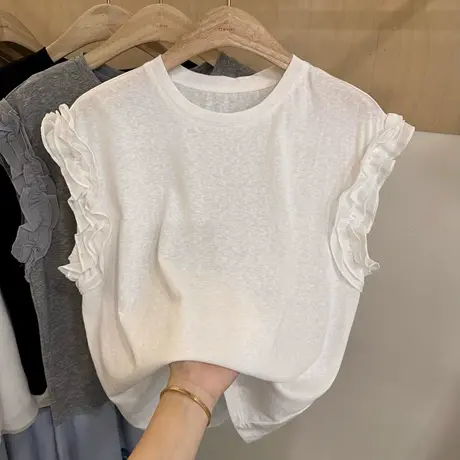 韩系飞飞袖木耳边拼接圆领T恤女2025夏季新款休闲百搭内搭上衣图片