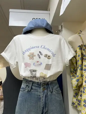 韩版夏季潮流新款韩国东大门甜美小清新印花短袖百搭圆领T恤上衣商品大图