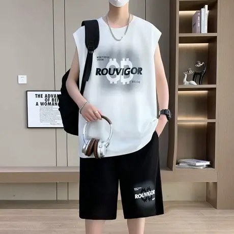 夏季薄款背心套装男士帅气青少年时尚无袖T恤运动坎肩短裤两件套商品大图
