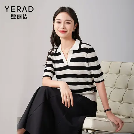 娅丽达经典黑白条纹薄款针织衫女2025春新款宽松显瘦百搭T恤短袖商品大图