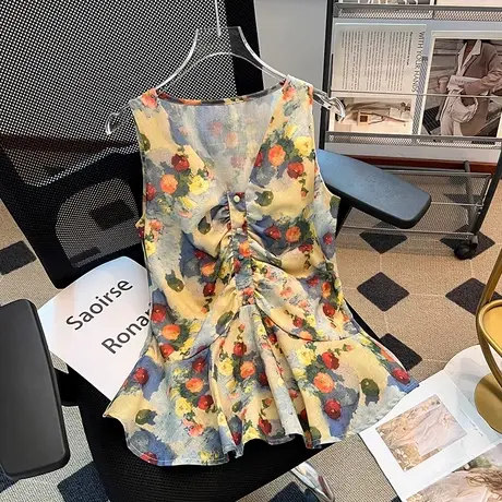 拉夏贝尔收腰碎花V领背心女夏季2025新款高级感无袖衬衫外穿上衣图片