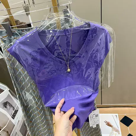 露锁骨v领短袖t恤女夏季设计感小众紧身辣妹纯欲无袖上衣掐腰小衫商品大图