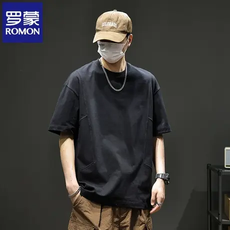 罗蒙重磅纯色男士拼接短袖T恤纯棉半袖宽松休闲百搭圆领上衣夏N1Z商品大图