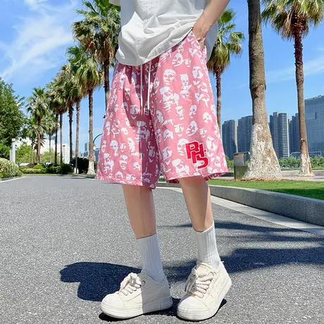 夏季新款满印花短裤男外穿冰丝中裤度假沙滩大裤衩休闲情侣五分裤图片