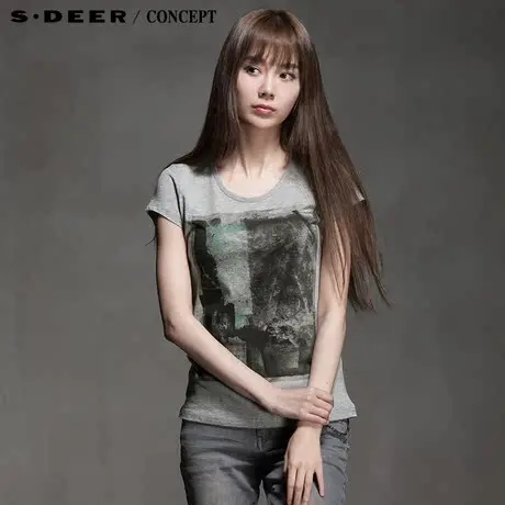 sdeer圣迪奥女装夏装新品抽象墨染绘意棉质短T恤S15280143图片