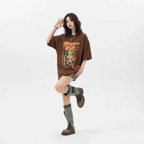 YEP复古美拉德穿搭纯棉短袖t恤女夏季2025新款宽松半袖情侣装上衣图片