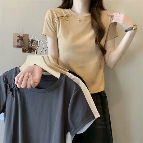 新中式国风盘扣短款短袖T恤女夏装2025新款修身显瘦打底衫上衣潮图片