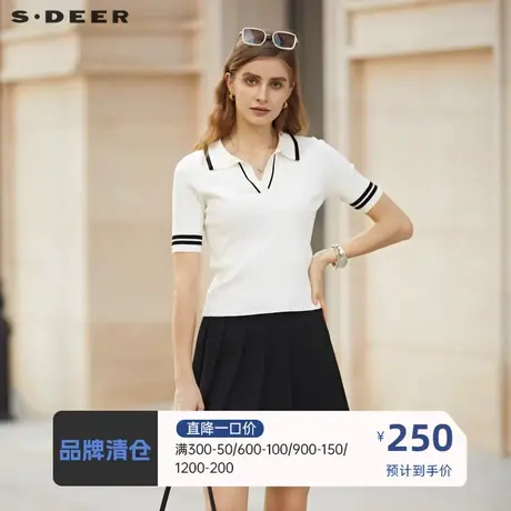 sdeer圣迪奥女装V领撞色修身polo短袖针织衫S232Z3533图片