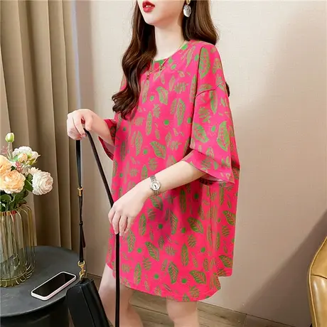 韩版潮牌高端短袖t恤女2025新款夏季时尚洋气印花玫红色宽松上衣商品大图