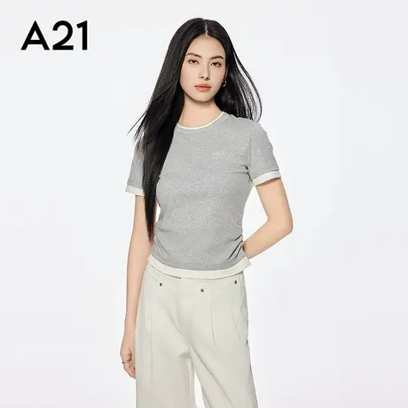 A21女装拼接撞色假两件棉T恤简约松紧抽皱修身短袖上衣宽松显瘦图片