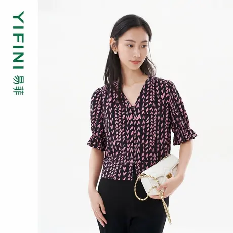 [专柜同款]Yifini/易菲 以爱之名 100%桑蚕丝上衣印花宽松小衫女商品大图