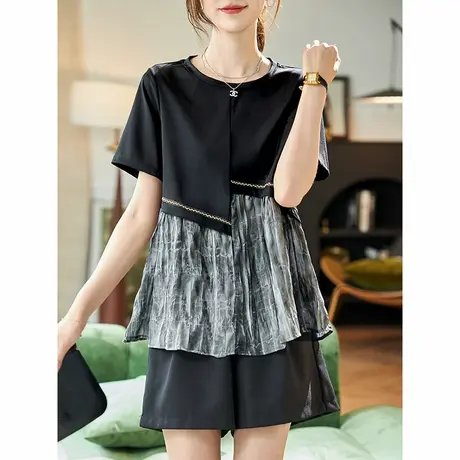 宝诗黎假两件拼接黑色短袖T恤2025夏季设计感洋气百搭休闲上衣女图片