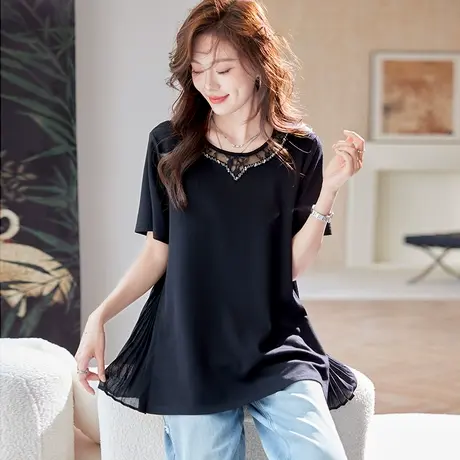 宝诗黎蕾丝百褶拼接短袖T恤2025夏季洋气设计感宽松休闲百搭上衣商品大图