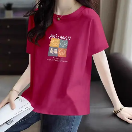 2025新款欧货正肩火龙果色短袖t恤女夏季宽松纯棉小众设计感上衣商品大图