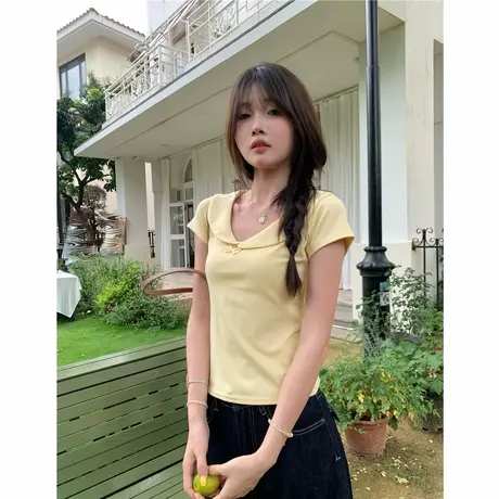 甜辣妹奶黄色大娃娃领正肩短袖T恤女夏季miu系修身bm风短款小上衣商品大图