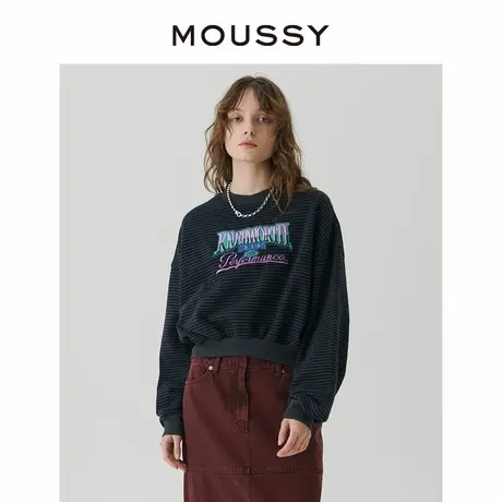 MOUSSY 新品复古条纹创意图案印花街头短款舒适卫衣010HSQ90-0271商品大图
